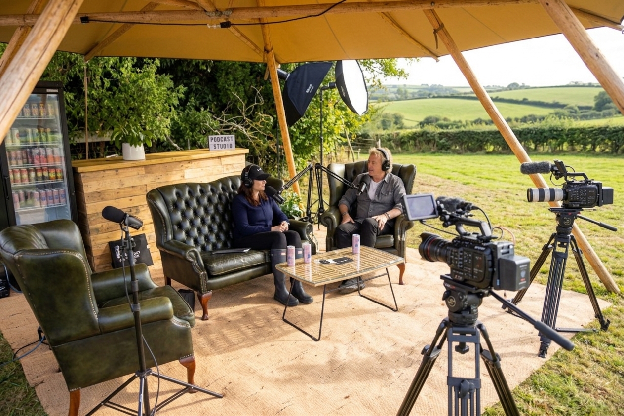 On-location podcast set built under a canopy in the English countryside